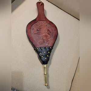 Vintage Wood Carved Fireplace Bellow. Wood With Brass Studs And Leather .